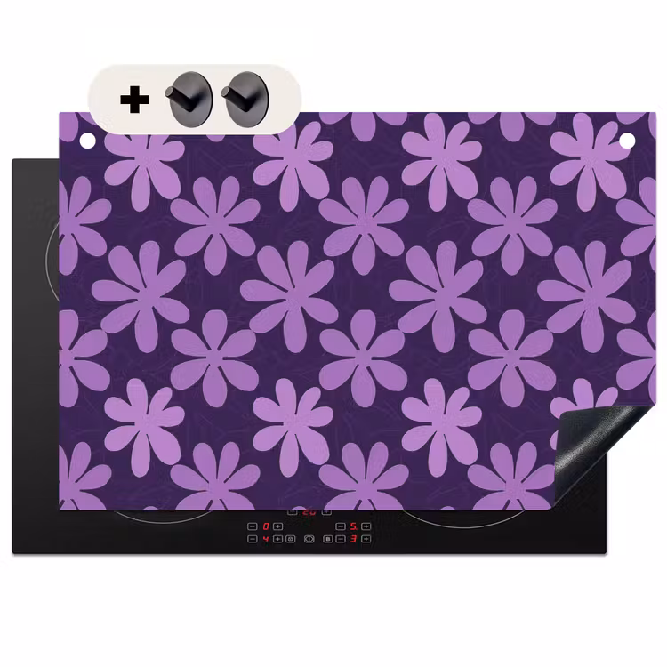 Inductiebeschermer & spatscherm (2in1) - Paars - Botanisch - Bloemen - Retro - Patroon — 1