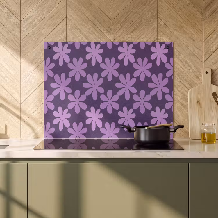 Inductiebeschermer & spatscherm (2in1) - Paars - Botanisch - Bloemen - Retro - Patroon — 2