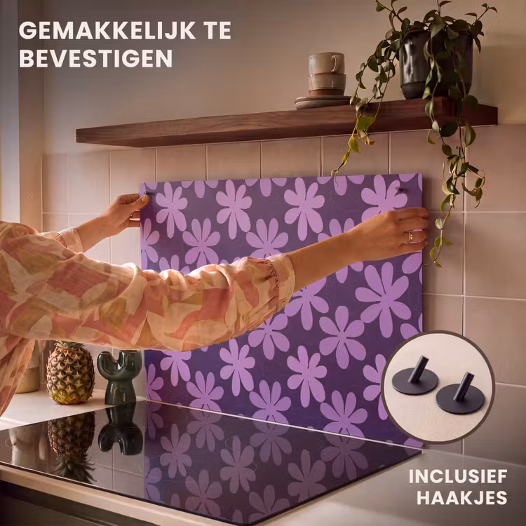 Inductiebeschermer & spatscherm (2in1) - Paars - Botanisch - Bloemen - Retro - Patroon — 7