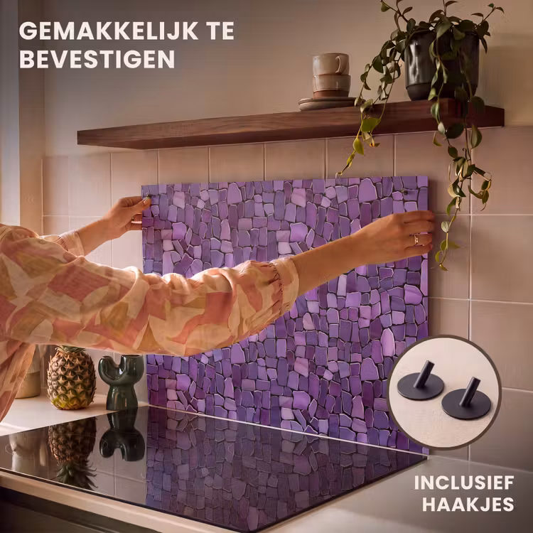 Inductiebeschermer & spatscherm (2in1) - Paars - Mozaïek - Scherven - Steen - Patroon — 7