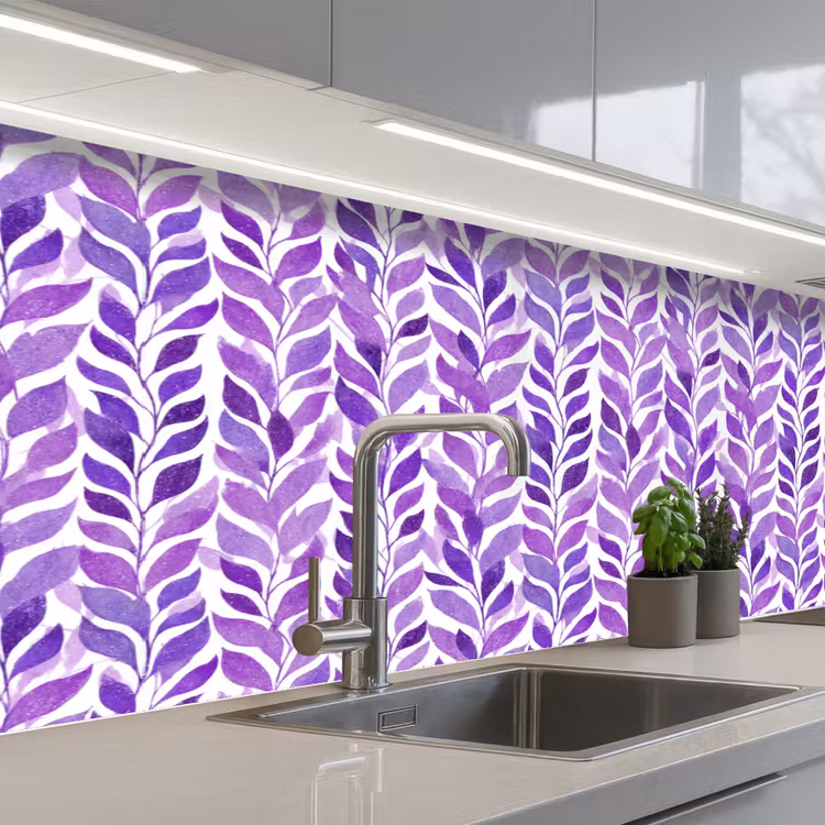 Keuken achterwand - Paars - Botanisch - Bladeren - Aquarel - Takken - Patroon — 2