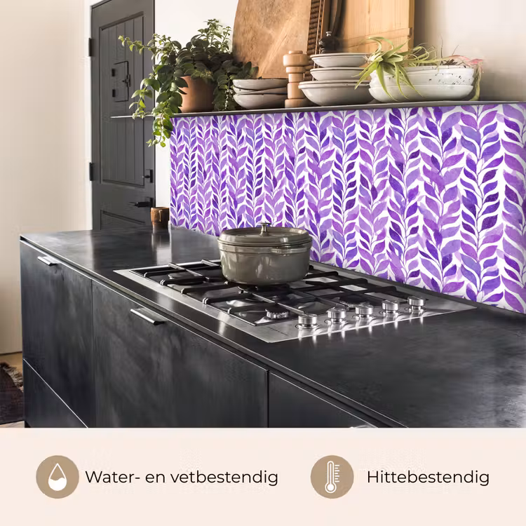 Keuken achterwand - Paars - Botanisch - Bladeren - Aquarel - Takken - Patroon — 5