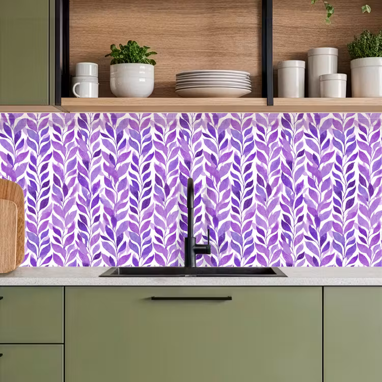 Keuken achterwand - Paars - Botanisch - Bladeren - Aquarel - Takken - Patroon — 8