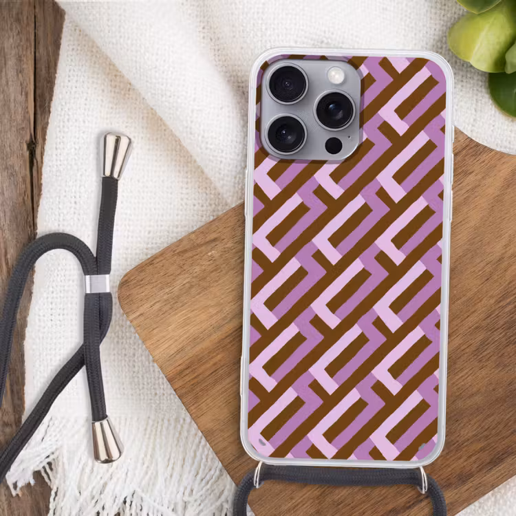 Telefoonhoesje met koord - Bruin - Roze - Geometrisch - Meander - Patroon — 3