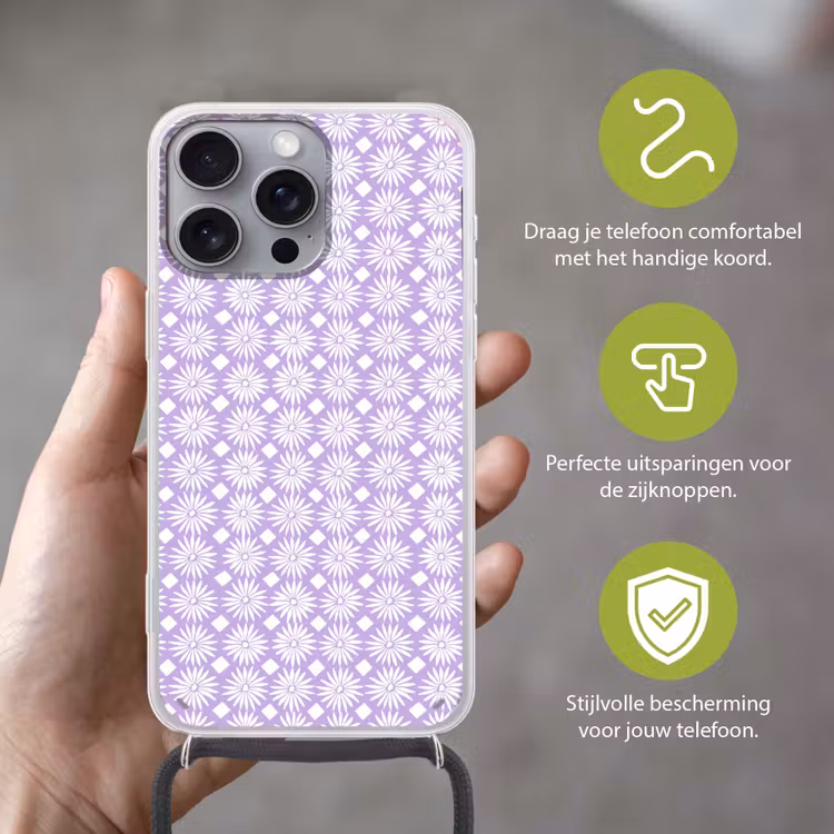 Telefoonhoesje met koord - Lila - Botanisch - Bloemen - Margrieten - Patroon — 4