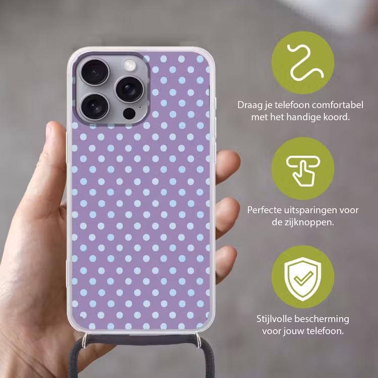 Telefoonhoesje met koord - Paars - Blauw - Geometrisch - Stippen - Polka Dot - Patroon — 4