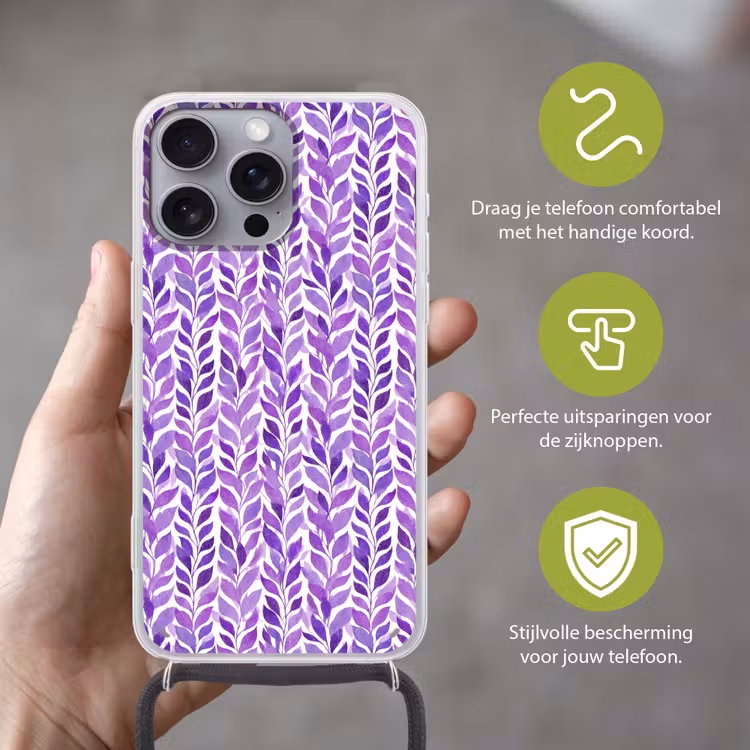 Telefoonhoesje met koord - Paars - Botanisch - Bladeren - Aquarel - Takken - Patroon — 4