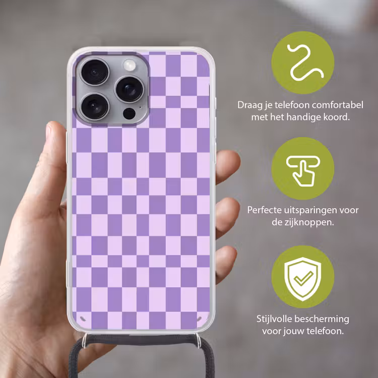Telefoonhoesje met koord - Paars - Geometrisch - Dambord - Blokken - Patroon — 4