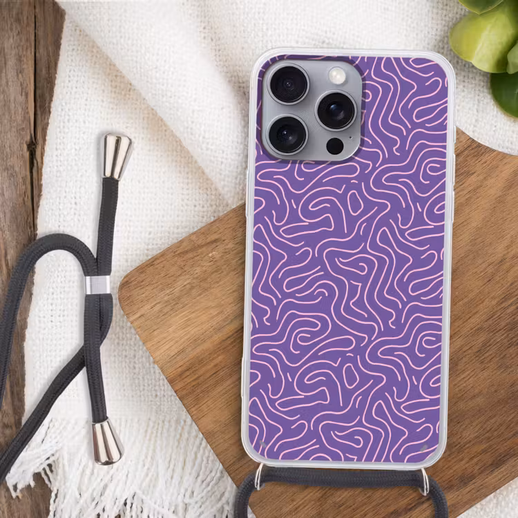 Telefoonhoesje met koord - Paars - Roze - Abstract - Lijnen - Doolhof - Patroon — 3