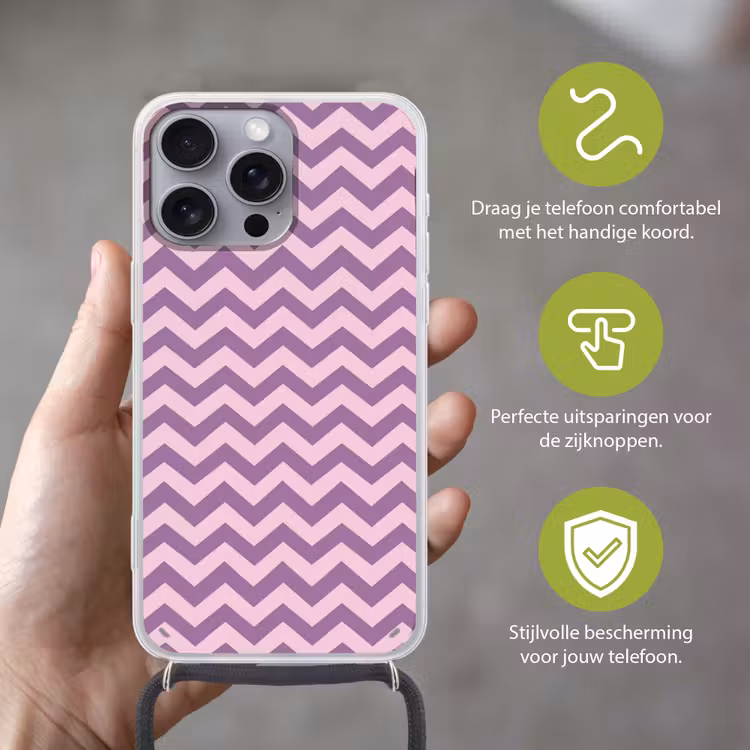 Telefoonhoesje met koord - Paars - Roze - Geometrisch - Chevron - Zigzag - Patroon — 4