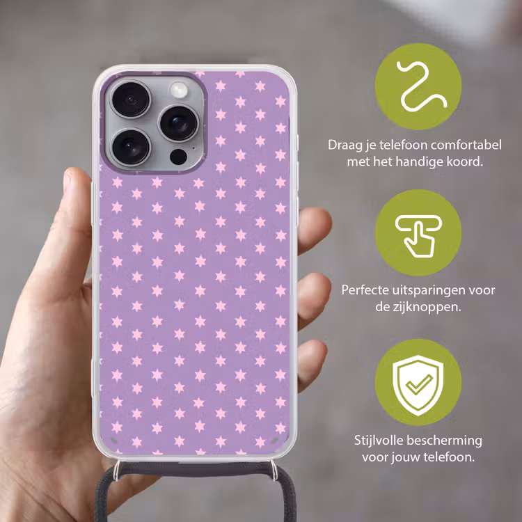 Telefoonhoesje met koord - Paars - Roze - Sterren - Geometrisch - Patroon — 4