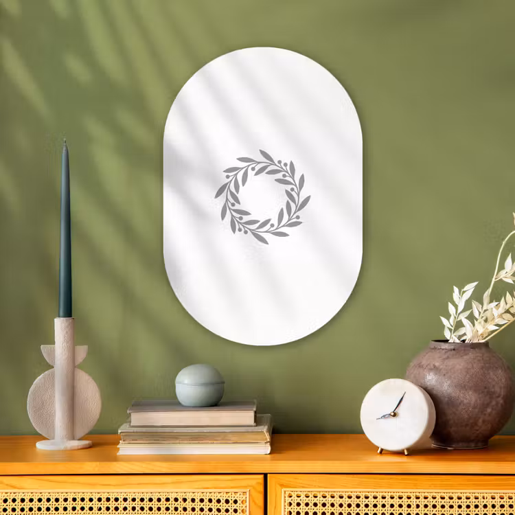 Muurovaal - Krans - Bladeren - Natuur - Minimalistisch - Grijs — 2