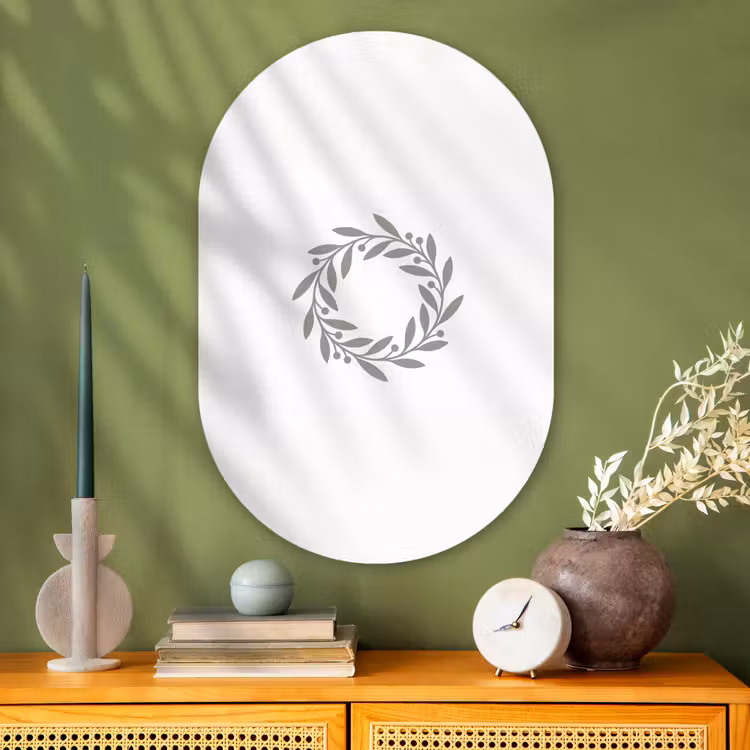 Muurovaal glas - Krans - Bladeren - Natuur - Minimalistisch - Grijs — 2