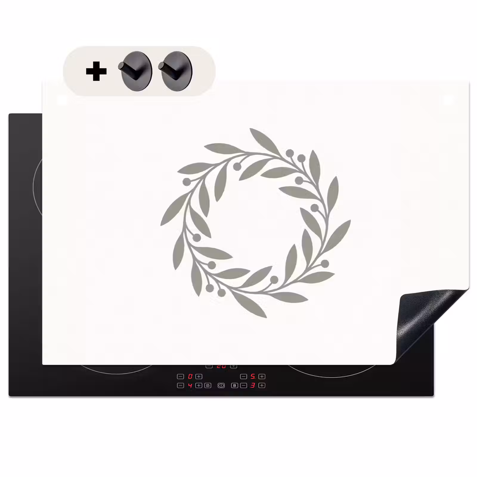 Inductiebeschermer & spatscherm (2in1) - Krans - Bladeren - Natuur - Minimalistisch - Grijs — 1