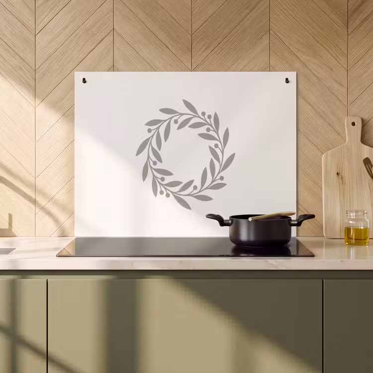 Inductiebeschermer & spatscherm (2in1) - Krans - Bladeren - Natuur - Minimalistisch - Grijs — 2