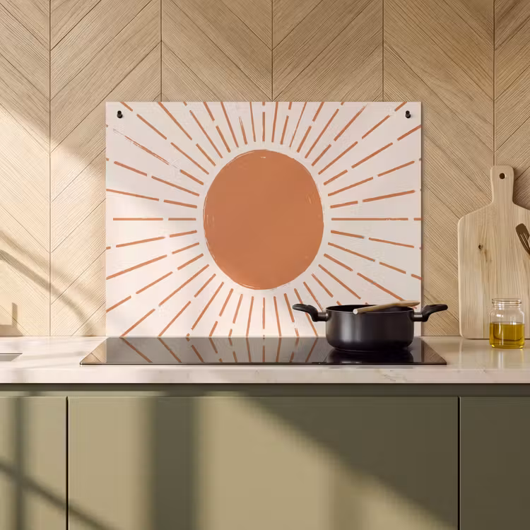 Inductiebeschermer & spatscherm (2in1) - Zon - Stralen - Abstract - Terracotta - Modern — 2