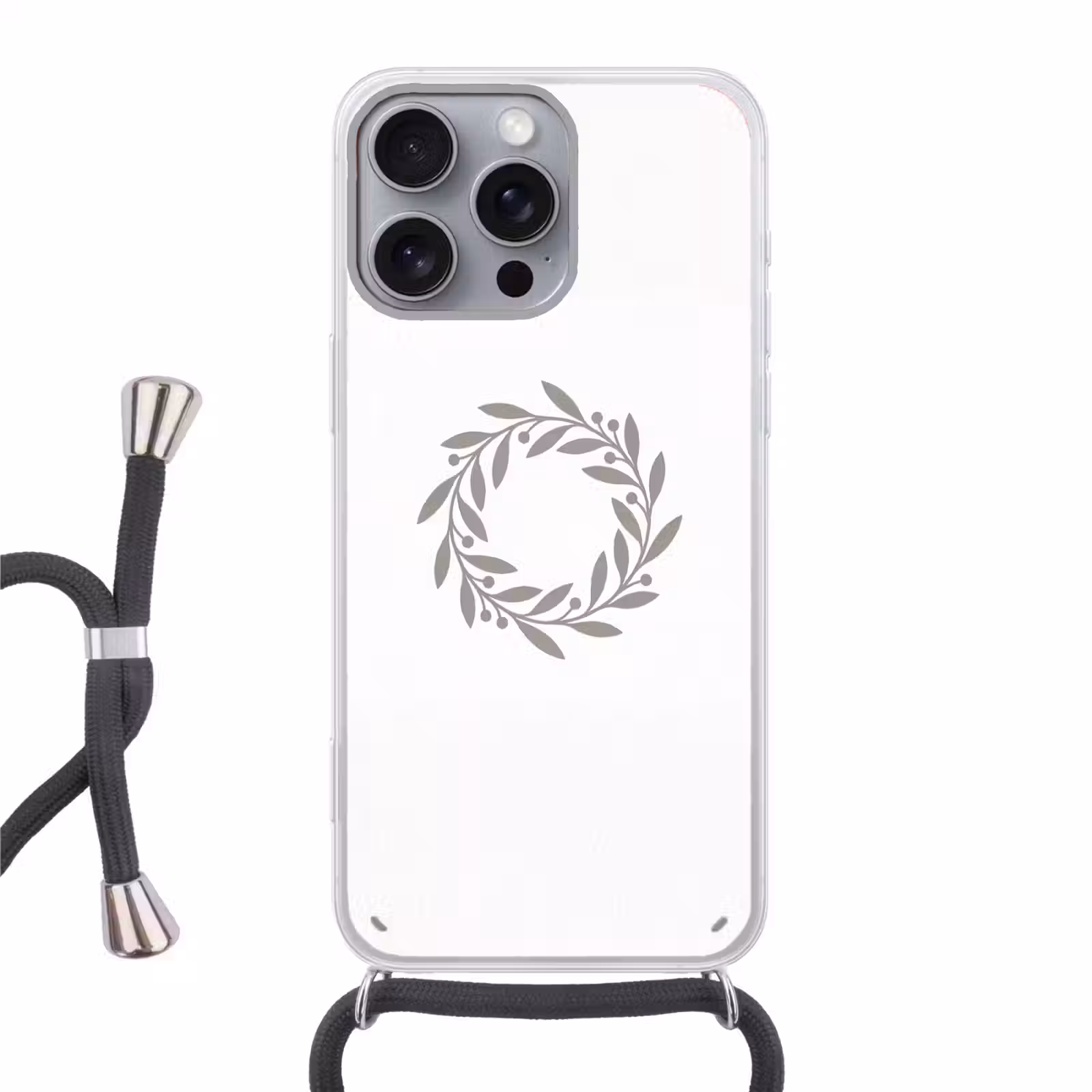 Telefoonhoesje met koord - Krans - Bladeren - Natuur - Minimalistisch - Grijs — 1