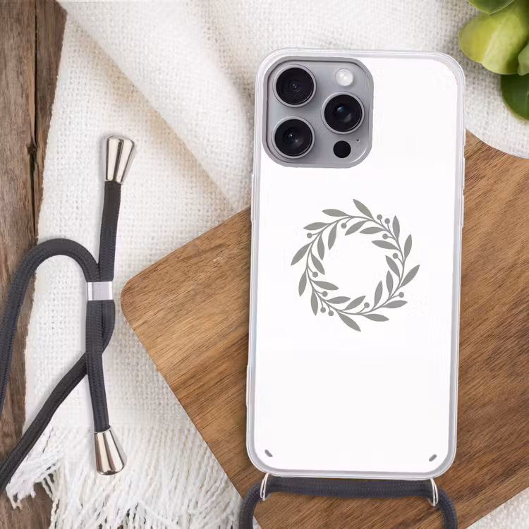 Telefoonhoesje met koord - Krans - Bladeren - Natuur - Minimalistisch - Grijs — 3