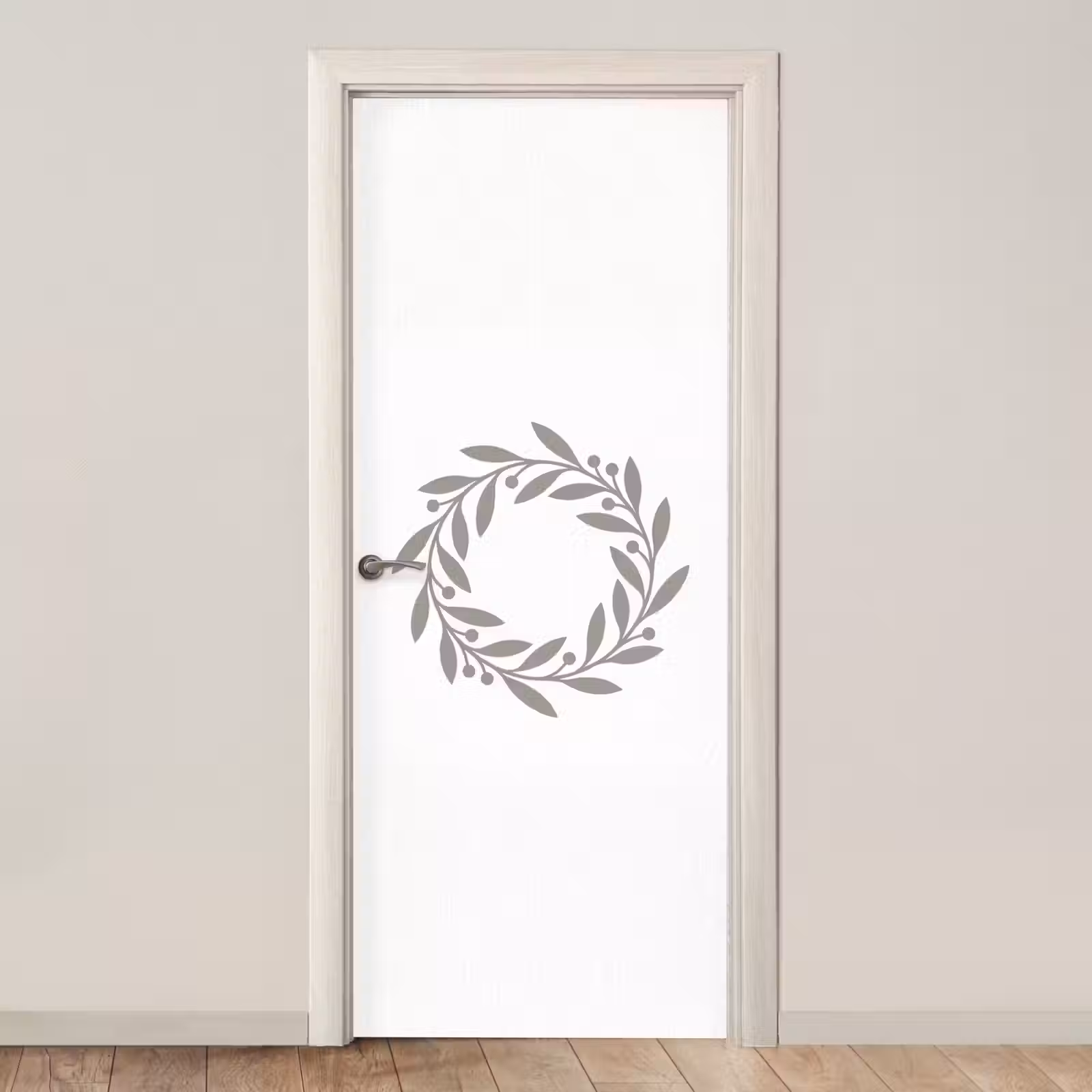 Deursticker - Krans - Bladeren - Natuur - Minimalistisch - Grijs — 1
