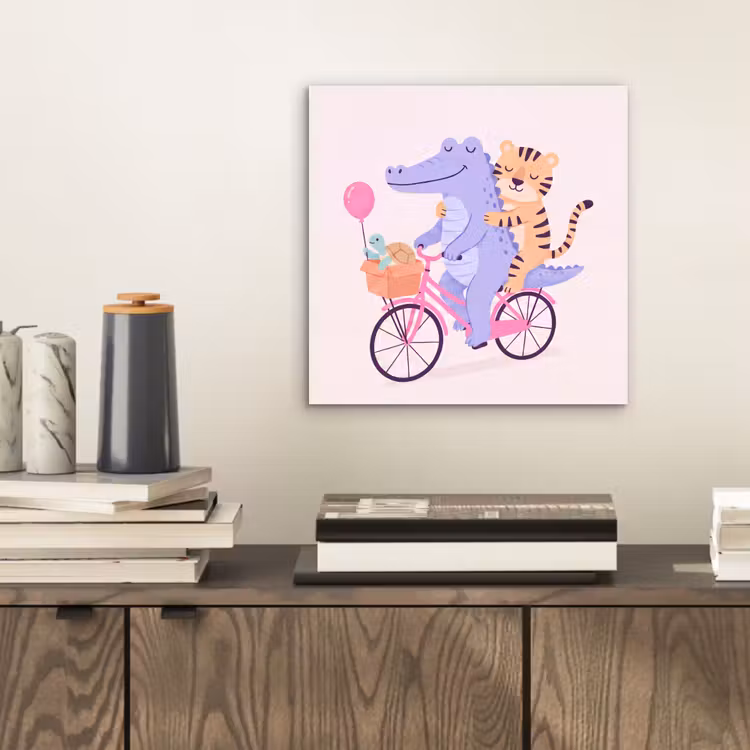 Aluminium schilderij - Dieren - Fiets - Vriendschap - Illustratie - Roze — 2