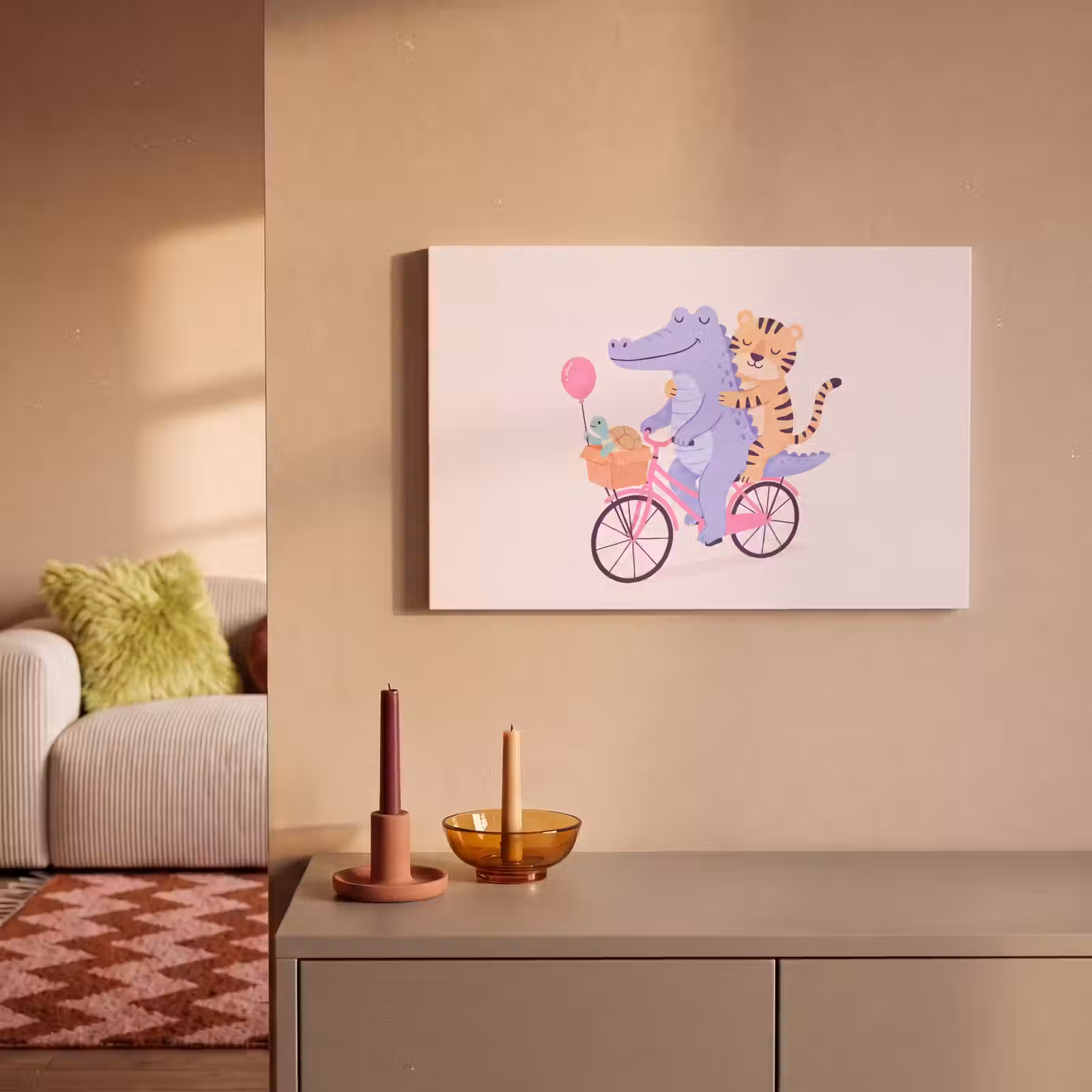 Canvas schilderij - Dieren - Fiets - Vriendschap - Illustratie - Roze — 1