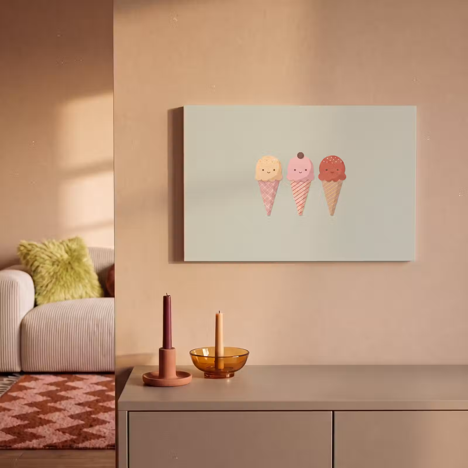 Canvas schilderij - IJs - Hoorntjes - Eten - Illustratie - Vrolijk — 1