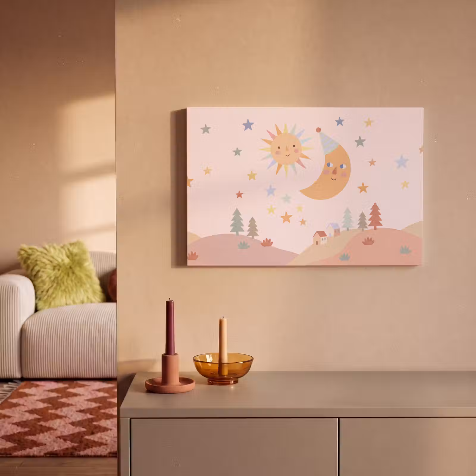 Canvas schilderij - Zon - Maan - Sterren - Kinderkamer - Pastel — 1