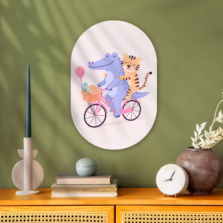 Muurovaal - Dieren - Fiets - Vriendschap - Illustratie - Roze — 2