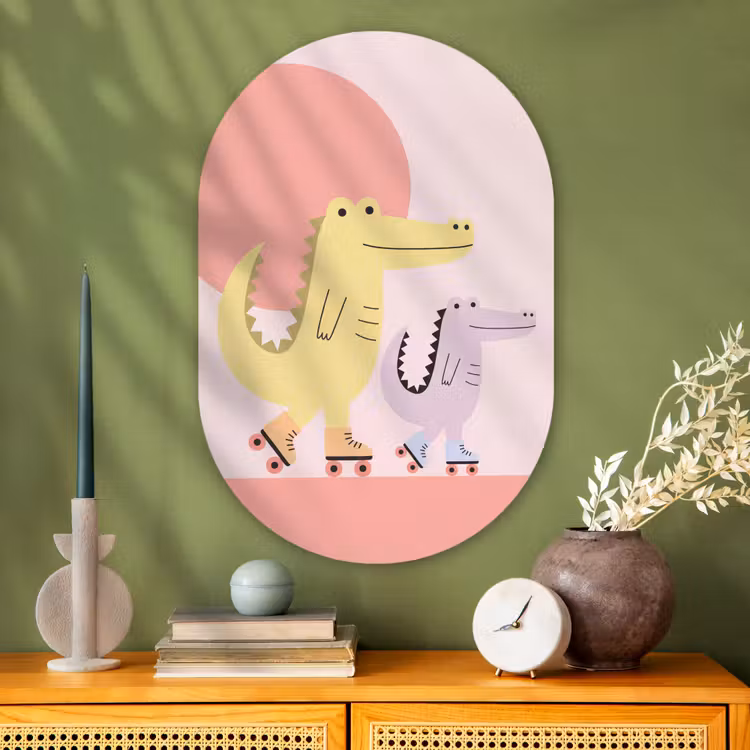 Muurovaal glas - Dieren - Skaten - Illustratie - Speels - Roze — 2