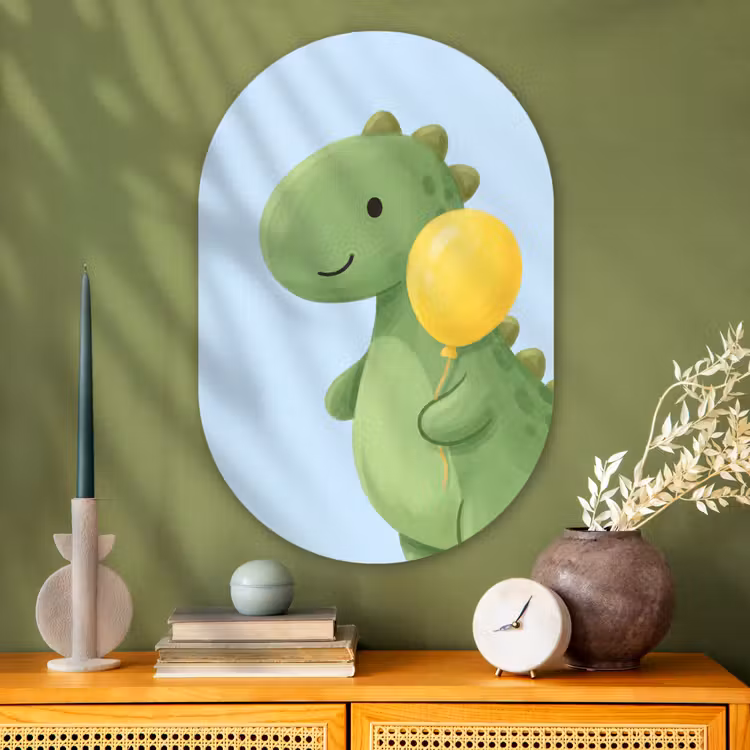 Muurovaal glas - Dinosaurus - Ballon - Kinderkamer - Illustratie - Groen — 2