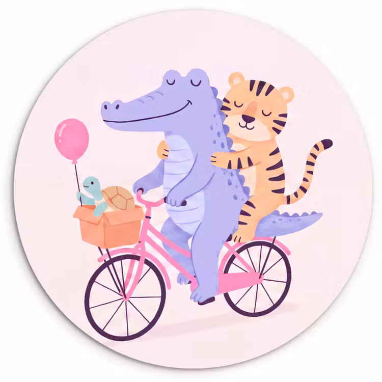 Muurcirkel - Dieren - Fiets - Vriendschap - Illustratie - Roze — 1
