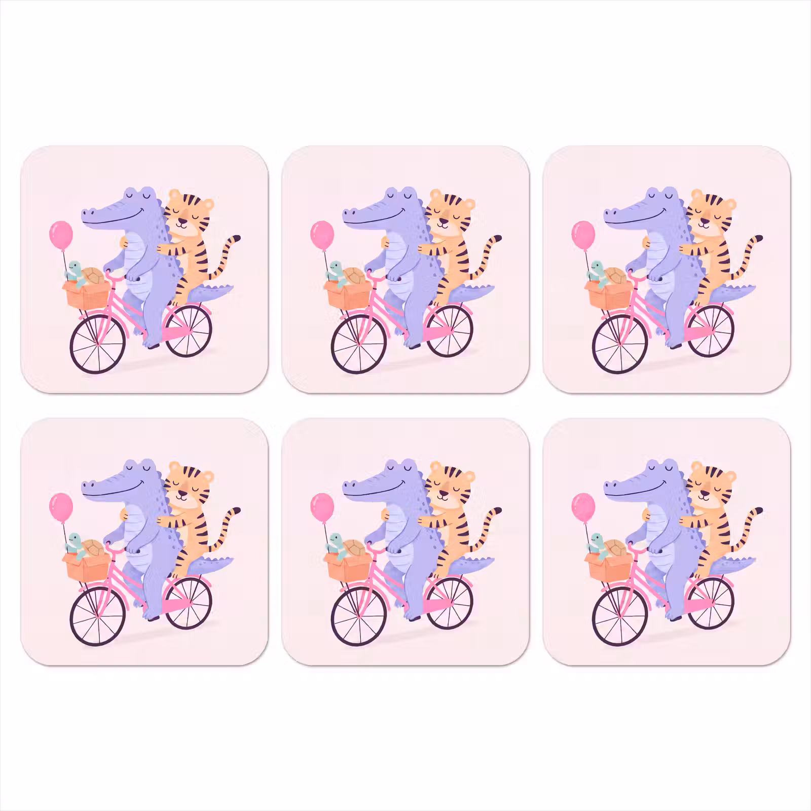 Onderzetter - Dieren - Fiets - Vriendschap - Illustratie - Roze — 1