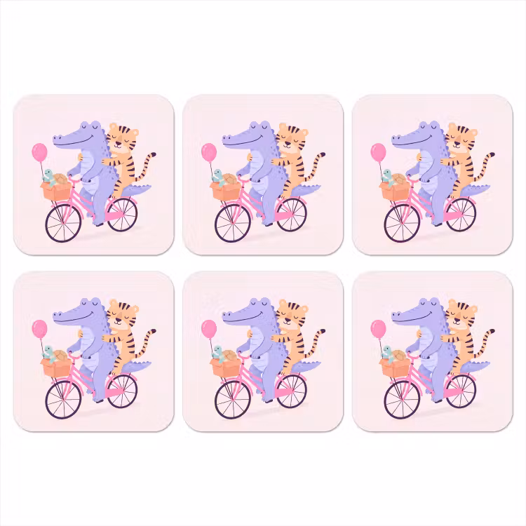 Onderzetter - Dieren - Fiets - Vriendschap - Illustratie - Roze — 1