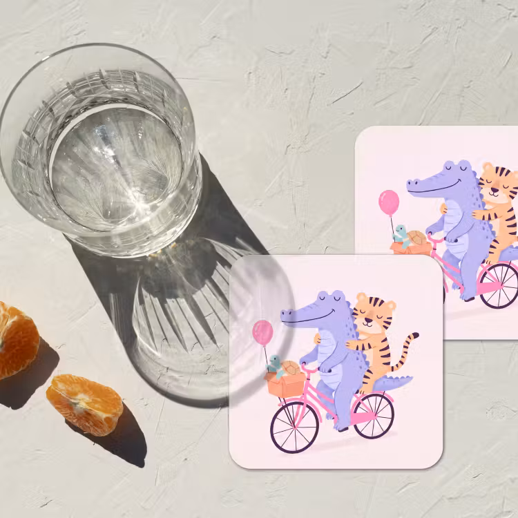 Onderzetter - Dieren - Fiets - Vriendschap - Illustratie - Roze — 2