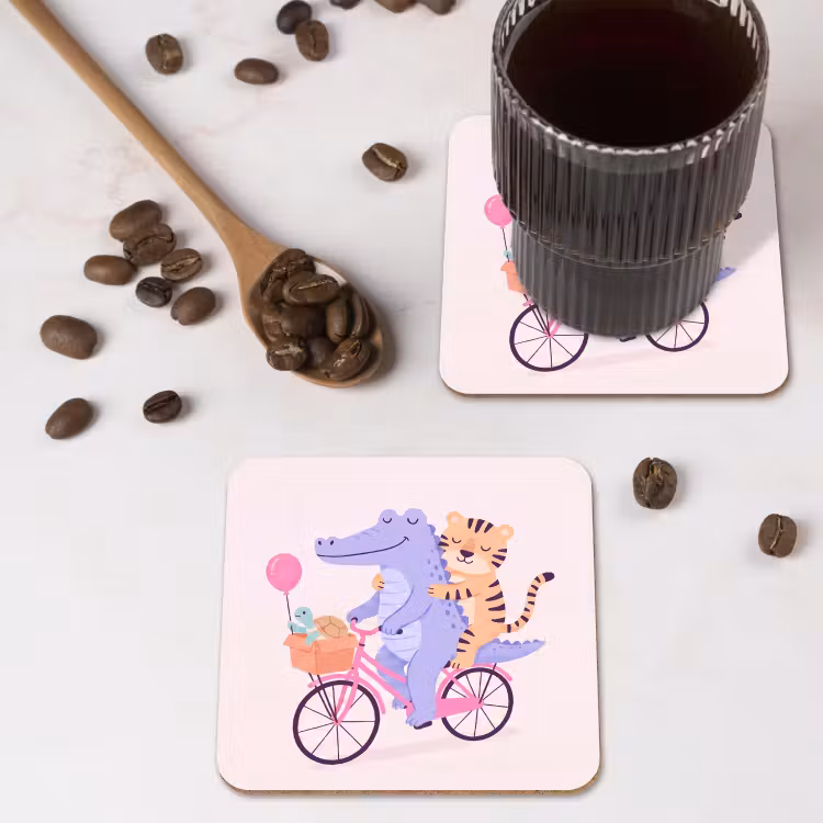 Onderzetter - Dieren - Fiets - Vriendschap - Illustratie - Roze — 4