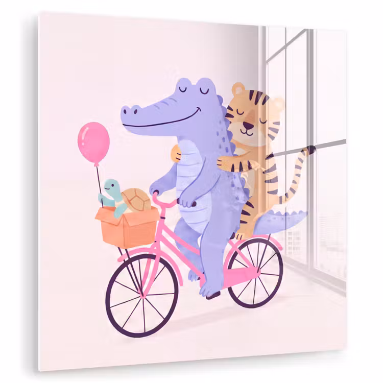 Glas schilderij - Dieren - Fiets - Vriendschap - Illustratie - Roze — 1