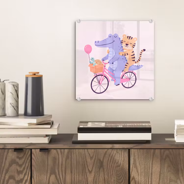 Glas schilderij - Dieren - Fiets - Vriendschap - Illustratie - Roze — 2