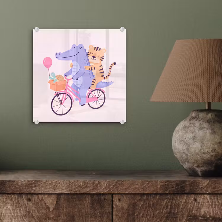 Glas schilderij - Dieren - Fiets - Vriendschap - Illustratie - Roze — 4