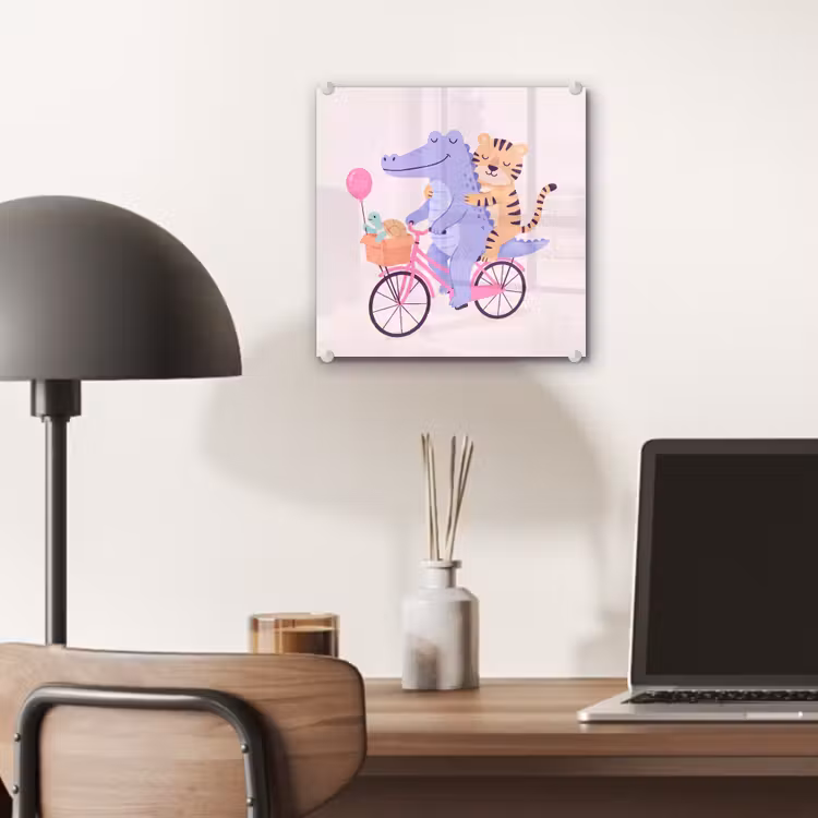Glas schilderij - Dieren - Fiets - Vriendschap - Illustratie - Roze — 7