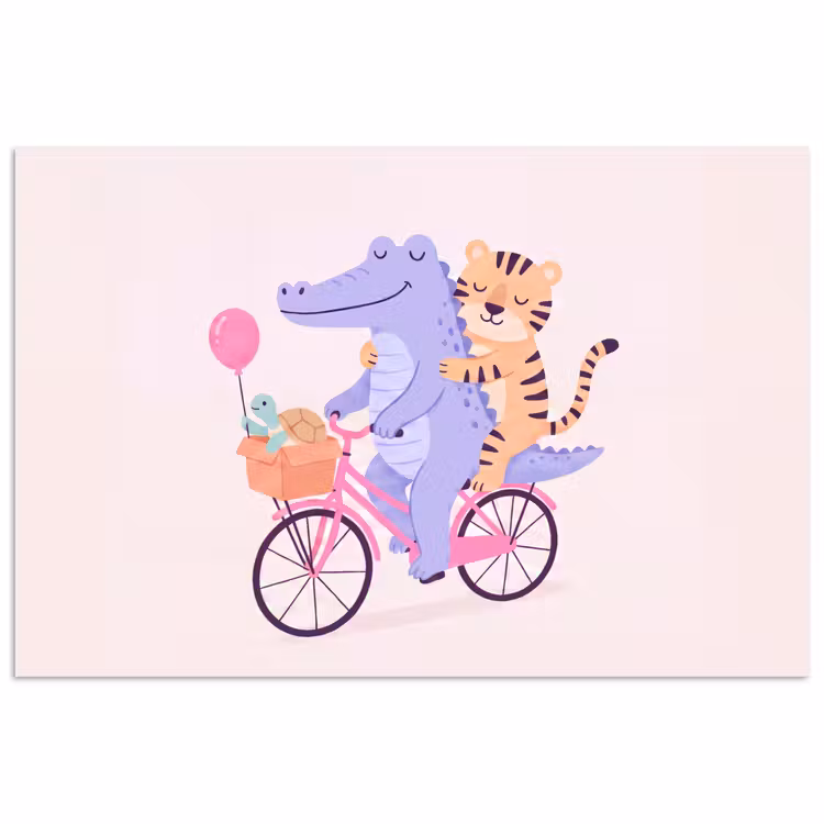 Poster - Dieren - Fiets - Vriendschap - Illustratie - Roze — 1
