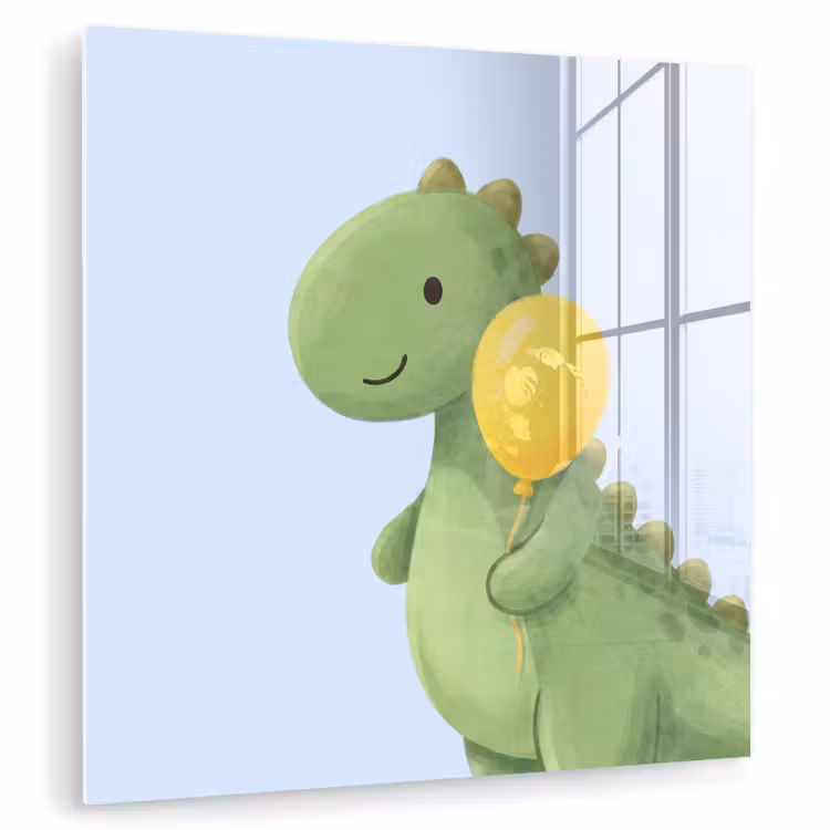 Glas schilderij - Dinosaurus - Ballon - Kinderkamer - Illustratie - Groen — 1
