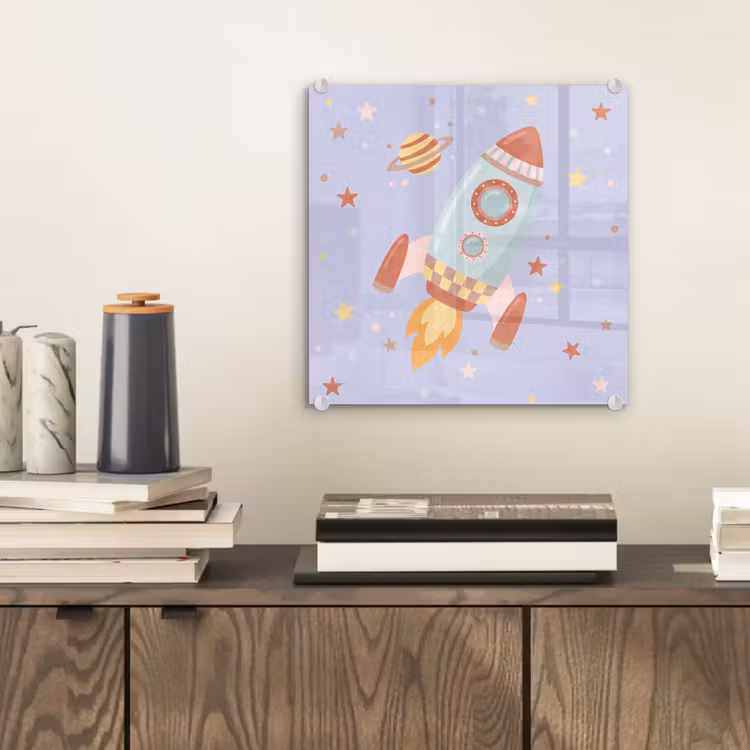 Glas schilderij - Raket - Ruimte - Planeet - Illustratie — 2
