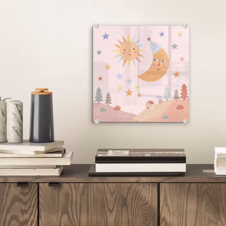 Glas schilderij - Zon - Maan - Sterren - Kinderkamer - Pastel — 2