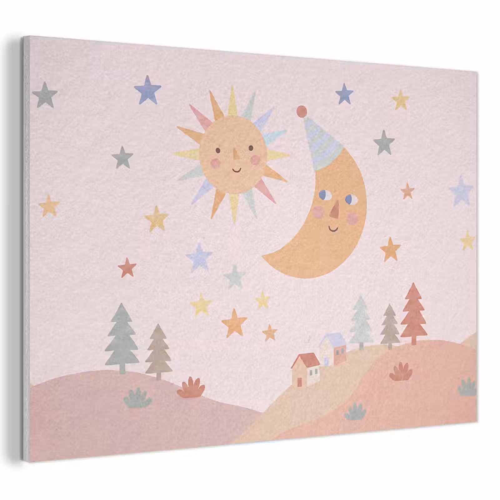 Akoestisch schilderij - Zon - Maan - Sterren - Kinderkamer - Pastel — 1