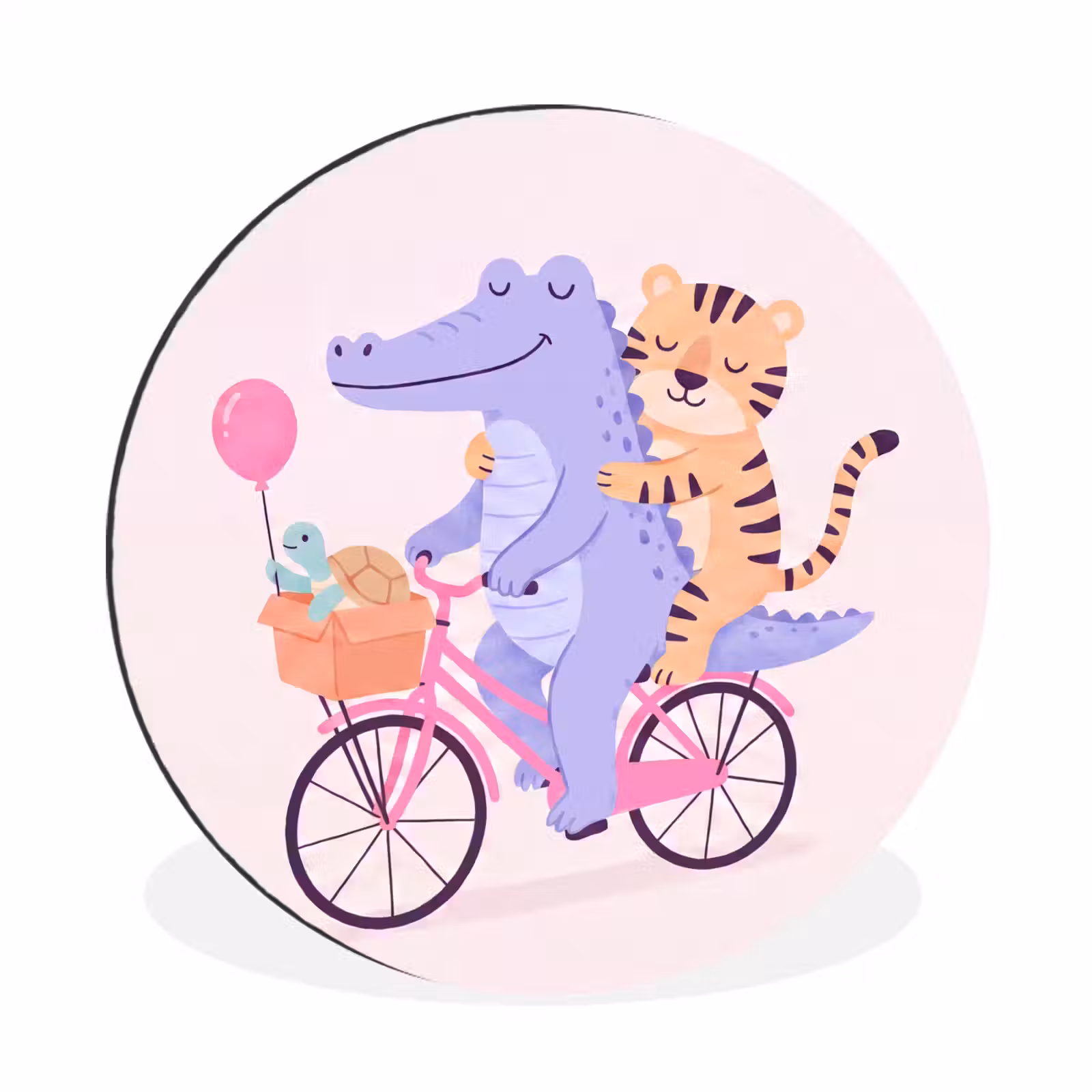 Muurcirkel aluminium - Dieren - Fiets - Vriendschap - Illustratie - Roze — 1