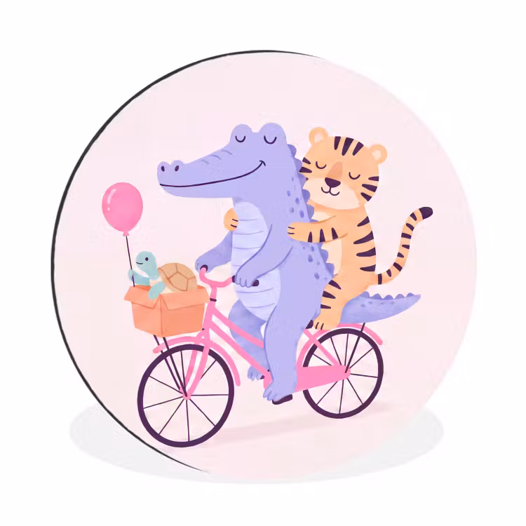 Muurcirkel aluminium - Dieren - Fiets - Vriendschap - Illustratie - Roze — 1