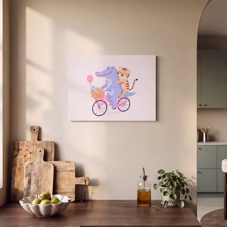 Akoestisch schilderij - Dieren - Fiets - Vriendschap - Illustratie - Roze — 3