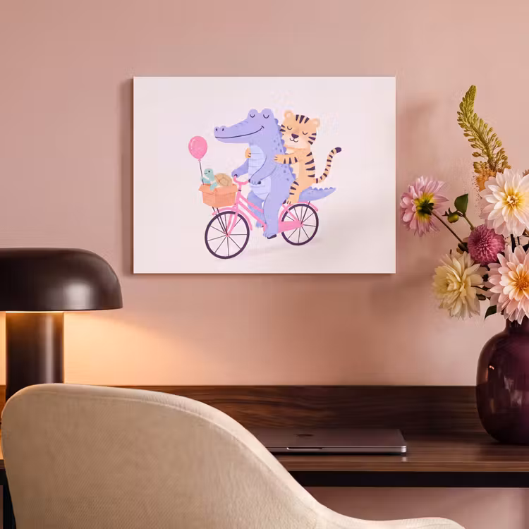 Akoestisch schilderij - Dieren - Fiets - Vriendschap - Illustratie - Roze — 4