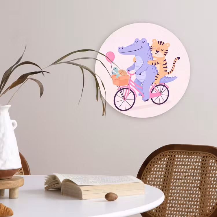 Muurcirkel glas - Dieren - Fiets - Vriendschap - Illustratie - Roze — 4