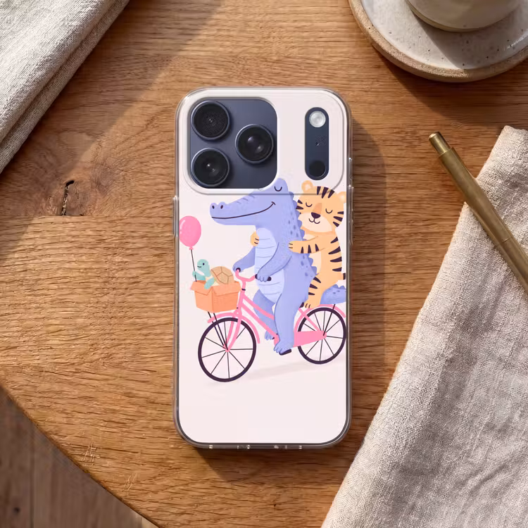 Telefoonhoesje - Dieren - Fiets - Vriendschap - Illustratie - Roze — 2